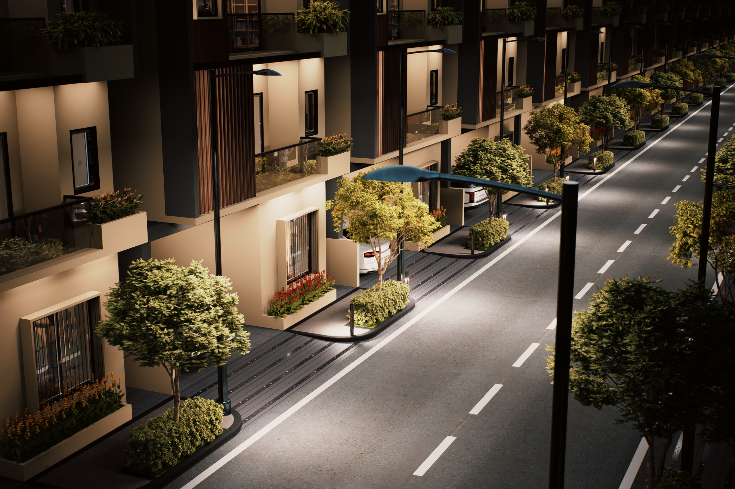 Eco-City villa street at night